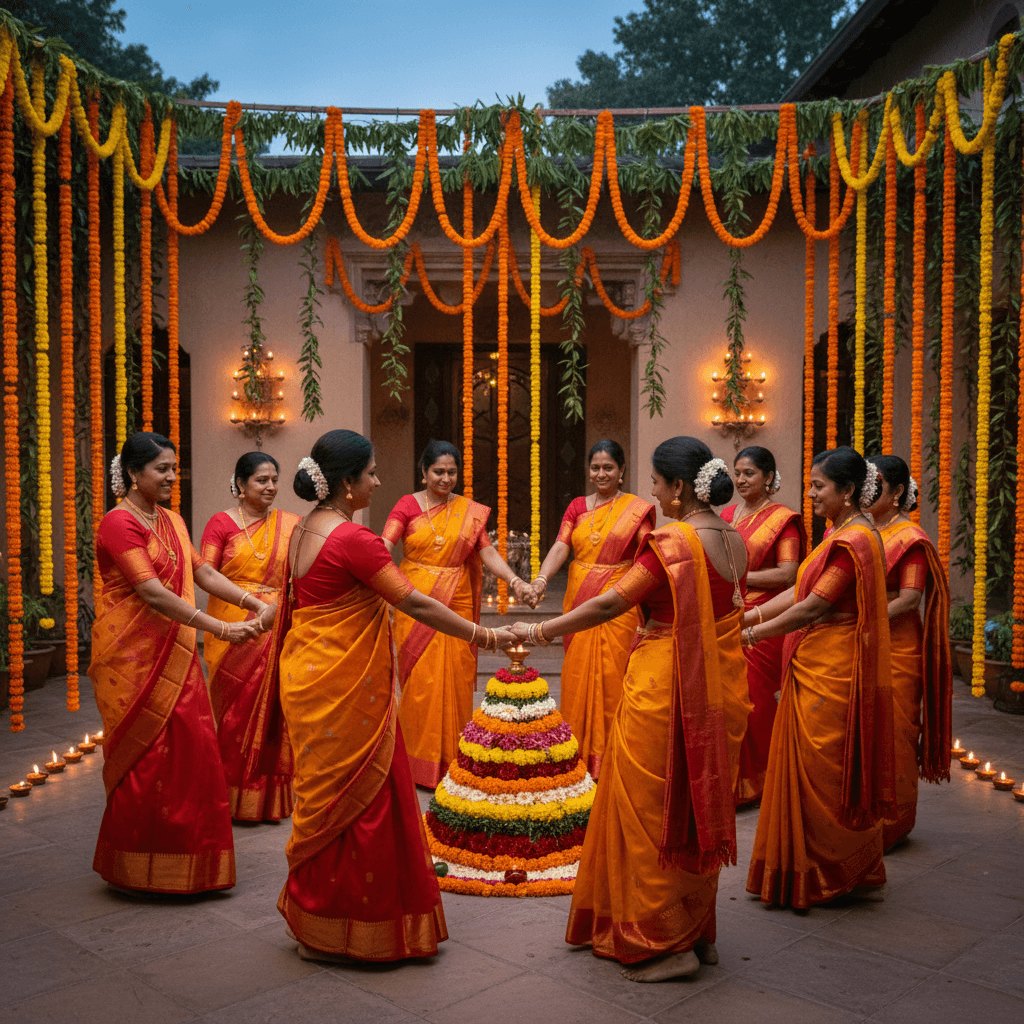 Bathukamma celebration — women in traditional silk sarees dancing in a circle around a tall floral tower with marigold garlands