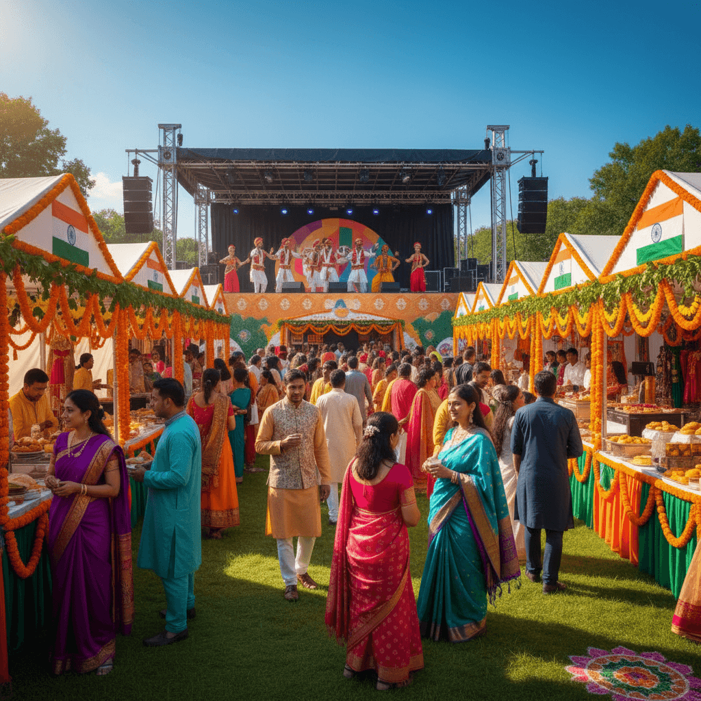 Outdoor India Fest with marigold-decorated stalls, crowd in traditional dress, and a performance stage