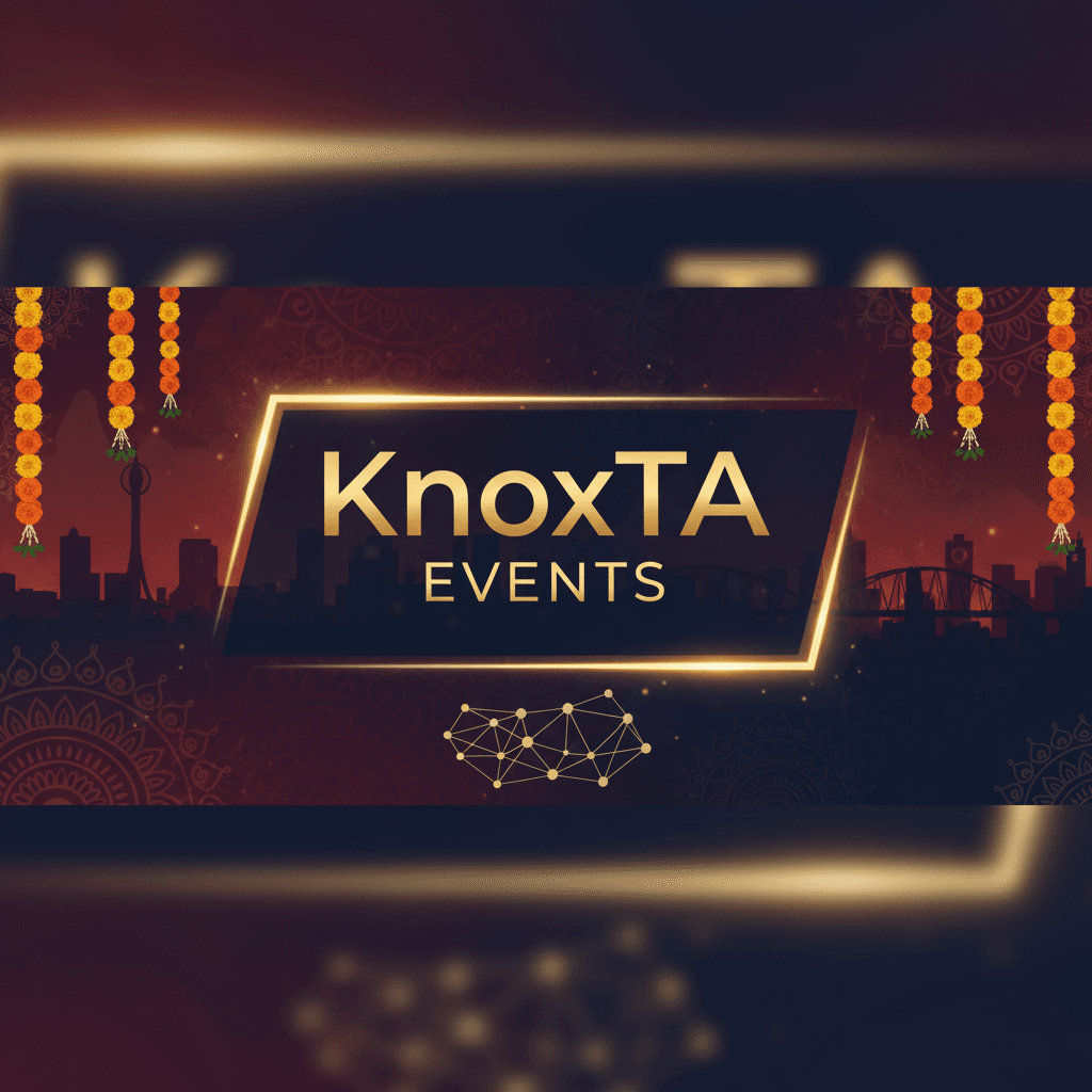 KnoxTA Events banner with Knoxville skyline and festive marigold garlands