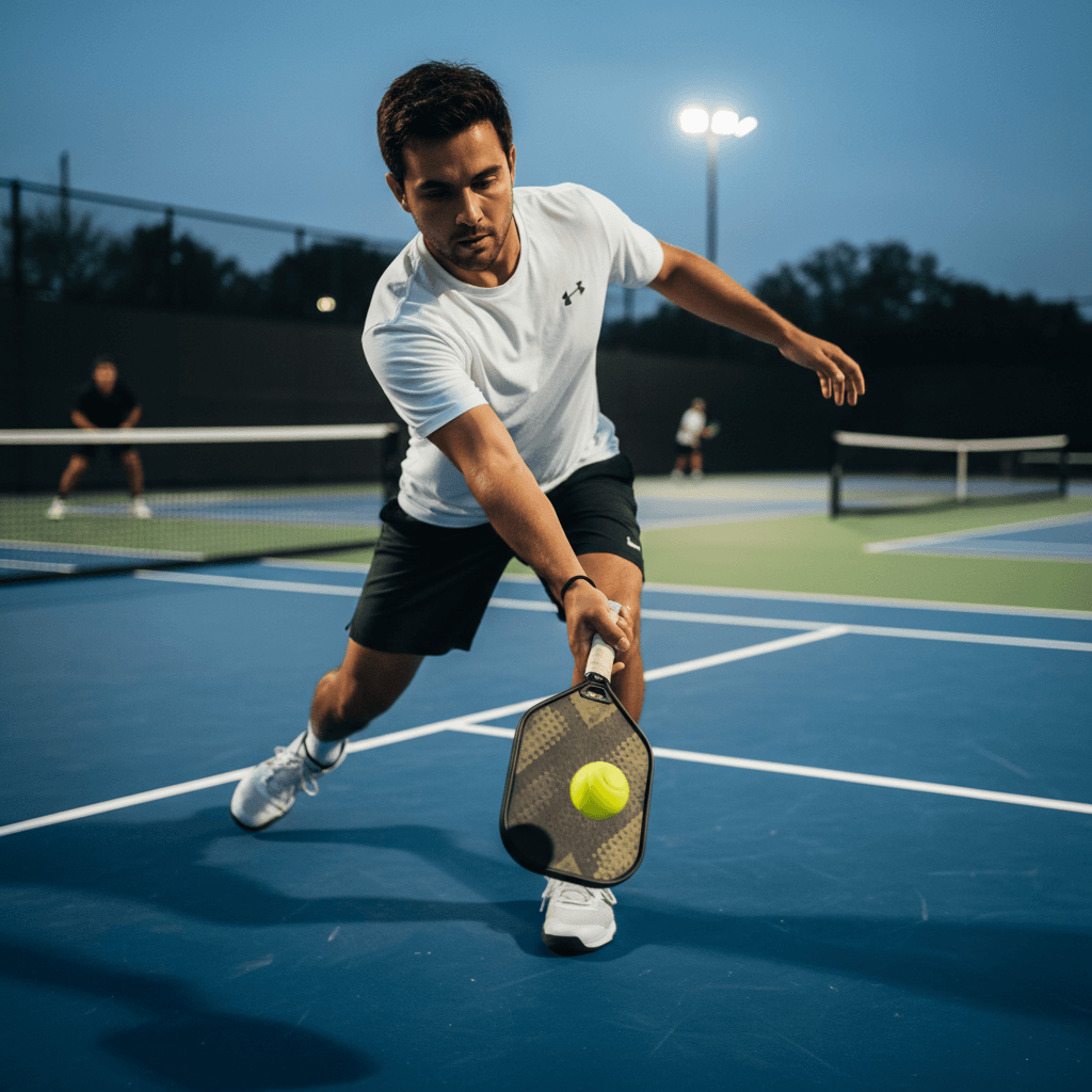 Pickleball player lunging to hit the ball on an outdoor court at dusk