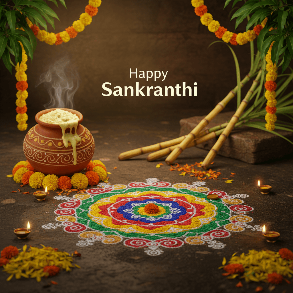Happy Sankranthi — festive Pongal pot, colourful rangoli, sugarcane, marigold garlands, and glowing diyas