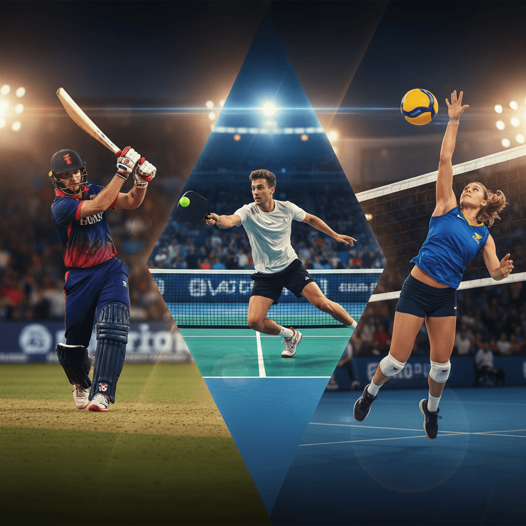 Collage of cricket, pickleball, and volleyball athletes under stadium lights