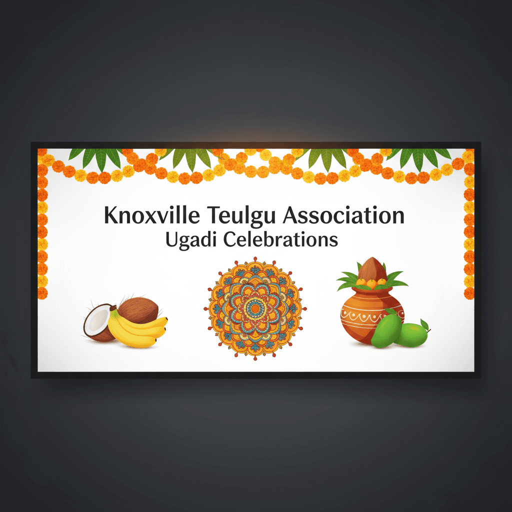Ugadi celebration graphic with rangoli, coconut, bananas, kalash, and marigold garlands