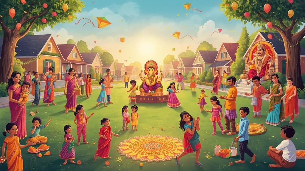 Illustration of a Telugu community celebration on a green lawn: Ganesha shrine, colourful rangoli, kites in the sky, and families in traditional dress
