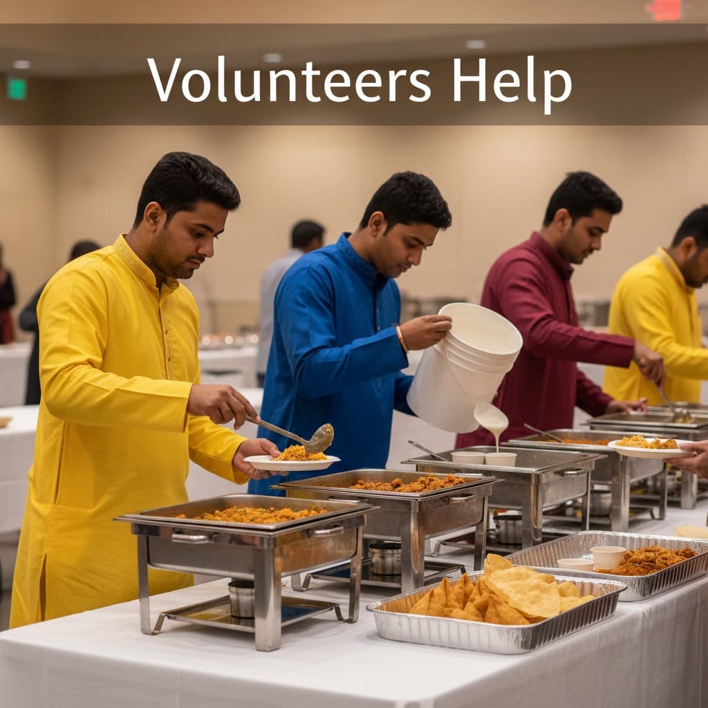 Volunteers in traditional attire serving food at a community buffet — festival and event support