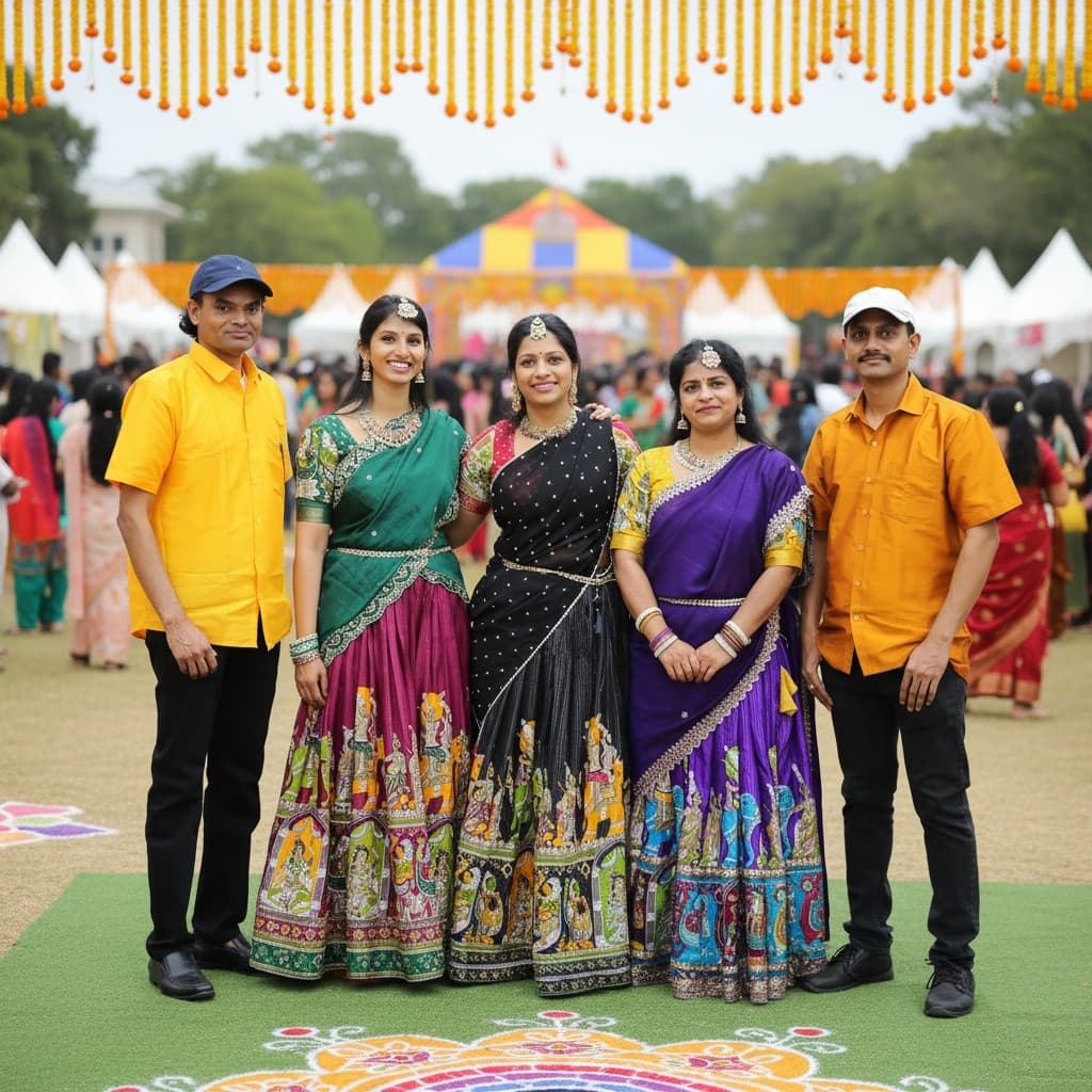 Volunteers and community members in traditional dress at an outdoor festival, with colourful rangoli and marigold garlands