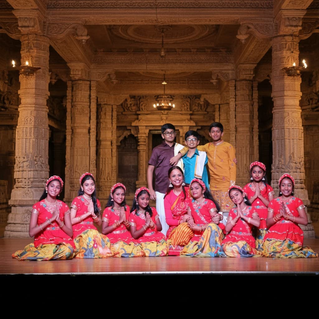 Children and a mentor from the Knoxville Telugu Association in traditional dress with hands in namaste, in an ornately carved temple-style setting